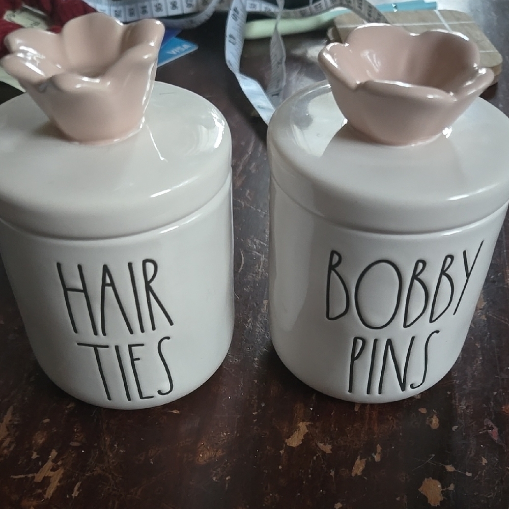 Rae Dunn Ceam Ceramic Hair Ties and Bobby Pins Jars